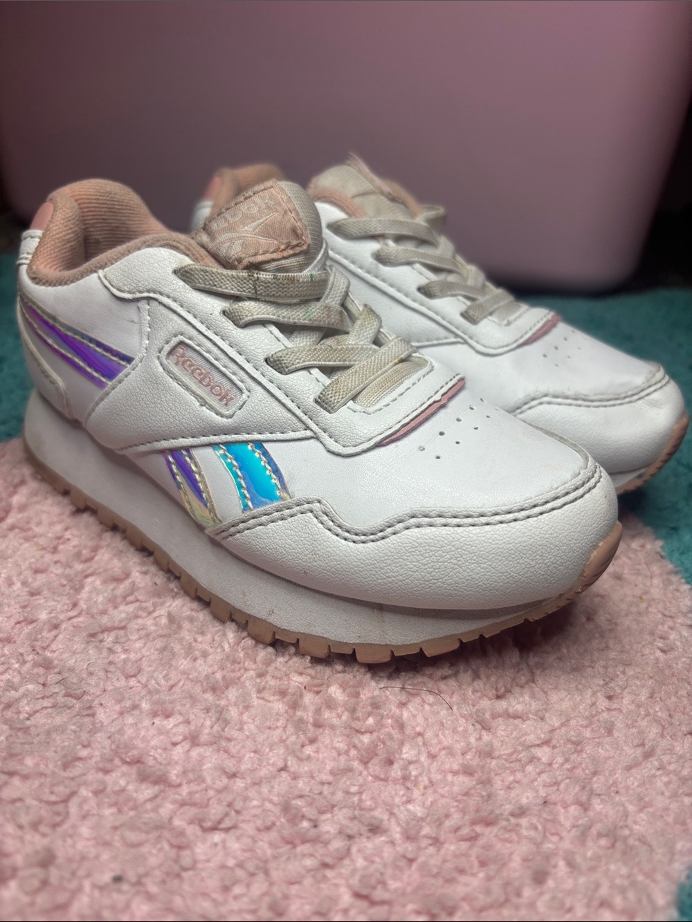Reebok Kids White Sneakers with Iridescent Blue and Purple Stripes